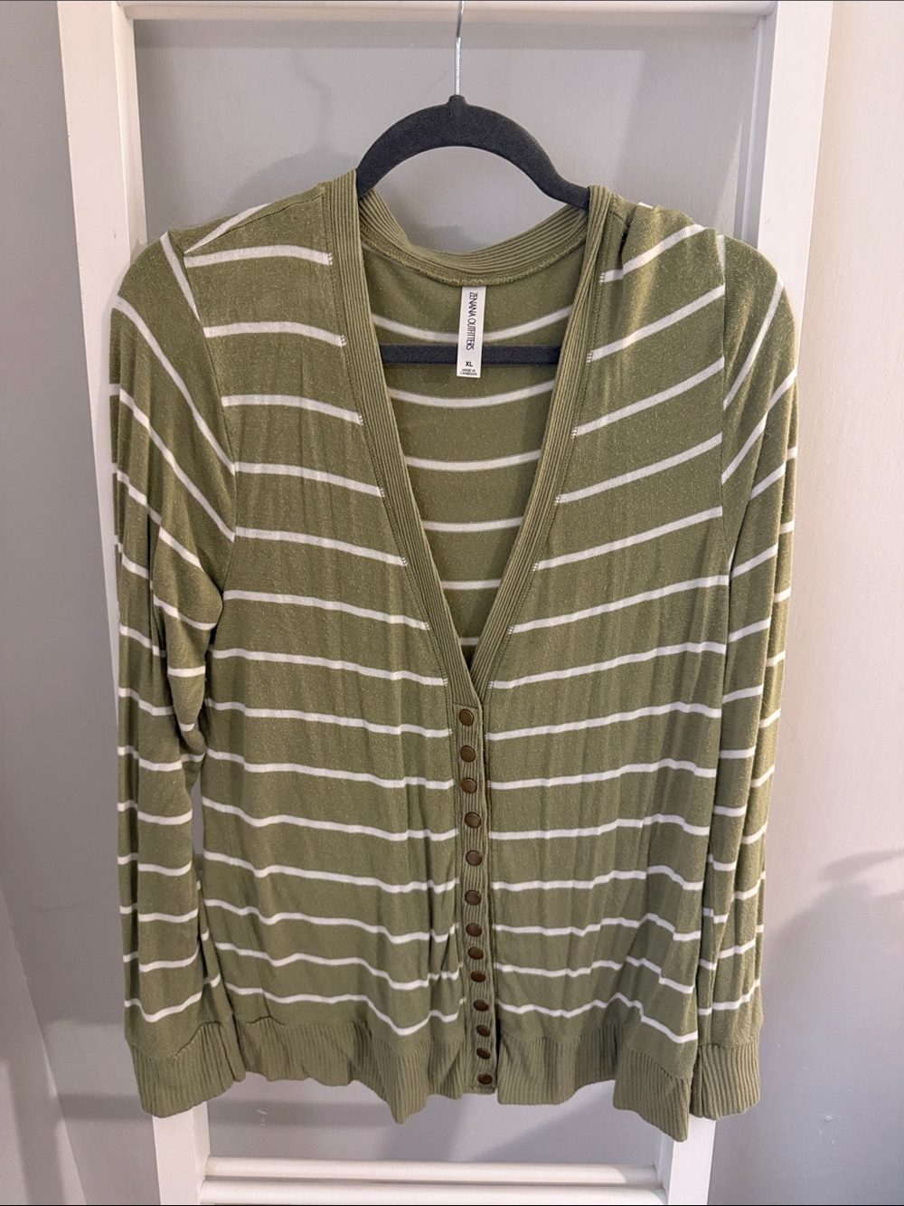Zenana Outfitters Olive & Cream Striped Button-Front Cardigan